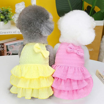 2 Pack Summer Dog Dresses with Bow Girl Puppy Clothes for Small Dog Spring Cat Outfit Sleeveless Pet Tiered Layered Cake Dress for Kitten Chihuahua Pomeranian Yorkie (Pink Yellow, Large)