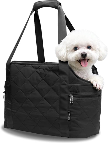 Lightweight Dog Purse Carrier for Small Dogs up to 15 lbs, Dog Tote Bag Puppy Carrier, Soft Plush Interior, Safety Leash Clip, 4 Side Pockets Dog Carrier Bag for Travel & Walking, Black