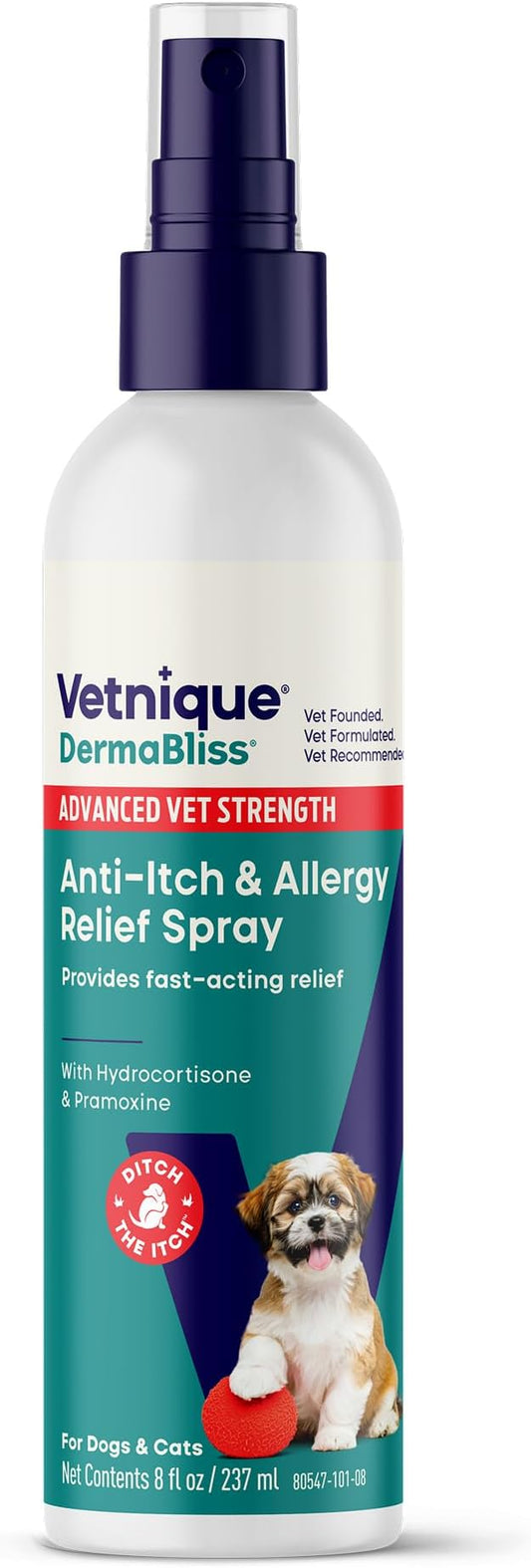 Vetnique Dermabliss Anti Itch Spray for Dogs & Cats with Hydrocortisone for Allergies and Immediate Dog Itching Skin Relief - Fragrance Free with Soothing Oat Extract (8oz)