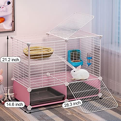 Choowin 2-Story Small Rabbit Cage Bunny Hutch Guinea Pig Cage Small Animals House, Metal Wire Netting Villa with Pull-Out Tray, Indoor Habitat for Ferret Chinchilla Hedgehog, Pink