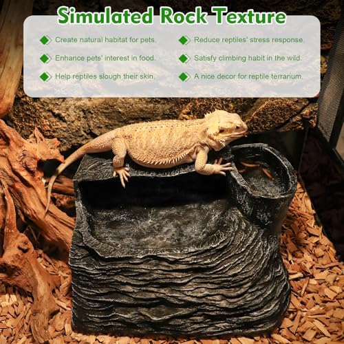 Reptile Hideout Snake Hide Cave Turtle Basking Platform with Food Bowl Shale Scape Step Ledge Climbing Platform Bearded Dragon Tank Accessories Rock Landscaping Decor for Chameleon Lizard Gecko, Large