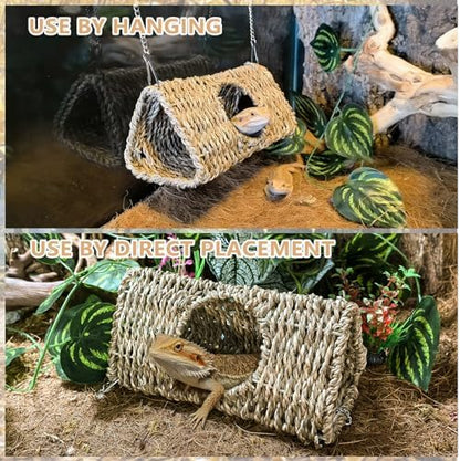 Hanging Reptile Hide Cave,Natural Seagrass Fiber Bearded Dragon Hammock Hideout,Reptile Shelter Sleeping Cave Swing Climbing Toys Terrarium Decor for Lizard Gecko Hermit Crabs(Triangle S)