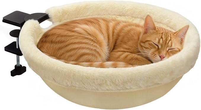 Petcozife Cat Desk Bed, 16"x16" Sturdy Rotating Cat Bed for Desk with Removable Washable Soft Fabric Hammock Cover, Stable Holds Up to 50 lbs, Space Saving Cat Perch for Home Office, Game Table