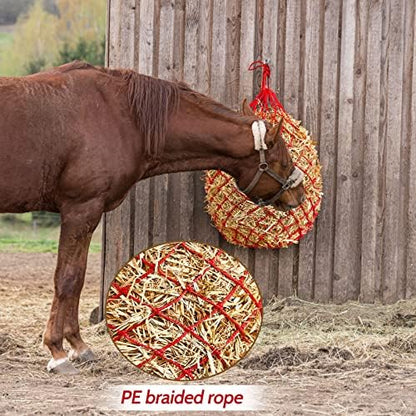 Fabbay 4 Pcs Slow Feed Hay Net Feeder Hay Bag for Horses Slow Feeder 40 Inch Length with 2 Inch Holes Hanging Horse Feed Net for Goat Cattle Equine Stalls Barn Supplies(Red)