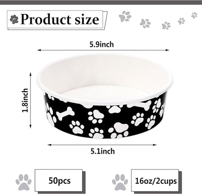 Whaline 50Pcs Pet Disposable Feeding Bowls Black White Paper Dog Bowls Small Dog Dish 16oz 2 Cup Pet Food Bowls Serving Food Tray for Puppy Cat Travel Wet Dry Food Water
