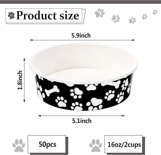 Whaline 50Pcs Pet Disposable Feeding Bowls Black White Paper Dog Bowls Small Dog Dish 16oz 2 Cup Pet Food Bowls Serving Food Tray for Puppy Cat Travel Wet Dry Food Water