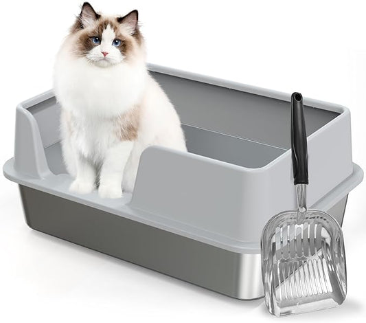 Stainless Steel Litter Box with Lid,Large Litter Metal Litter Box with High Sided, Anti-Urine Leakage, Easy Cleaning & Odor-Less, Include Metal Scoop