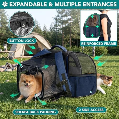 PetAmi Expandable Dog Backpack Carrier for Cats & Pets, Breathable Cat Carrier Backpack with Top Window & Multi-Entry, Ventilated Foldable Travel Carrier for Small Medium Pets up to 18 lbs, Navy