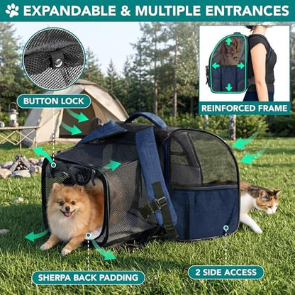 PetAmi Expandable Dog Backpack Carrier for Cats & Pets, Breathable Cat Carrier Backpack with Top Window & Multi-Entry, Ventilated Foldable Travel Carrier for Small Medium Pets up to 18 lbs, Navy