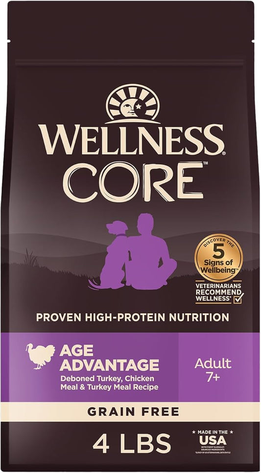 Wellness CORE Age Advantage Senior Dry Dog Food, Grain Free Kibble, Natural, High Protein, Turkey and Chicken Recipe, 4 lb Bag