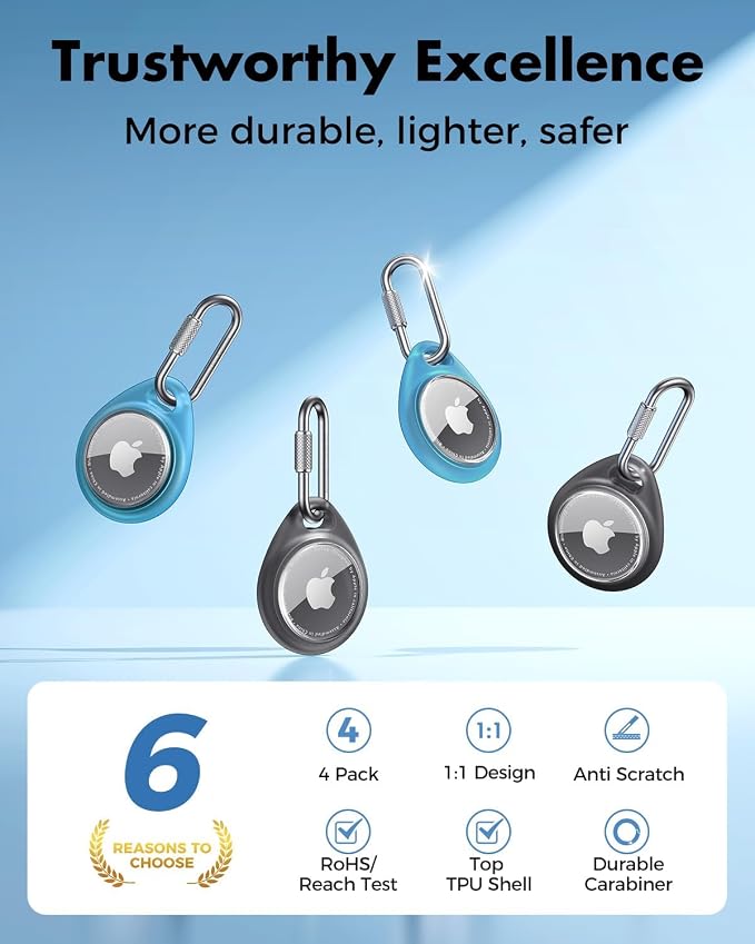 UNBREAKcable for AirTag Holder Case with Professional Carabiner, 4 Pack | Waterproof, Shockproof, Hold Securely, Easy to Install, Protective AirTag Keychain for Keys, Pets, Luggage-Trans Blue&Black