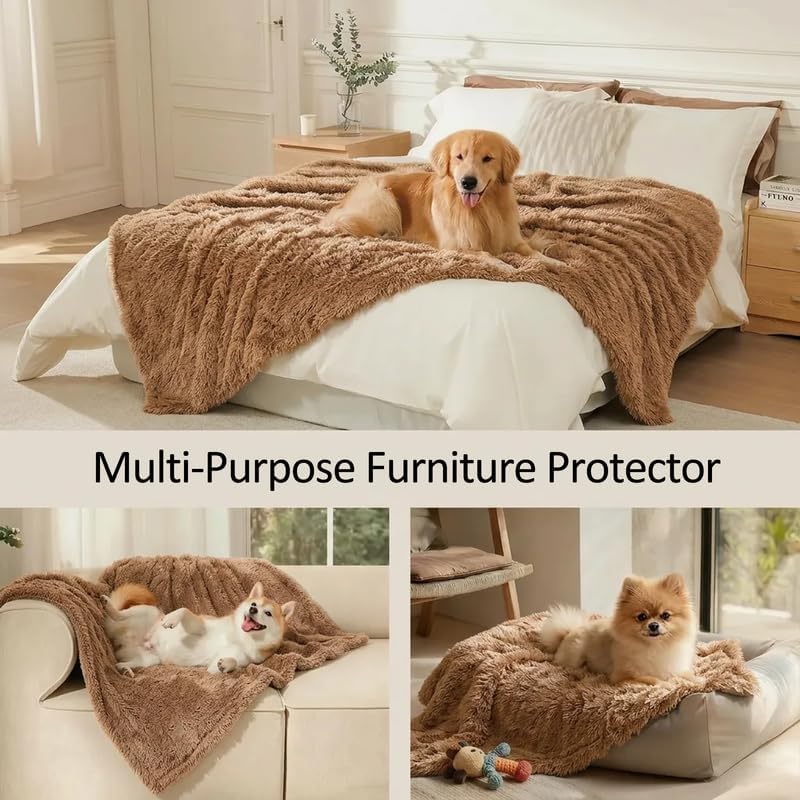 Pet Blankets Waterproof Fluffy Fleece Blanket Cat Dog Blankets Liquid Pee Proof Throw Blanket Reversible Furniture Protector Cover Washable for Couches Beds Sofa 65"x57" Brown