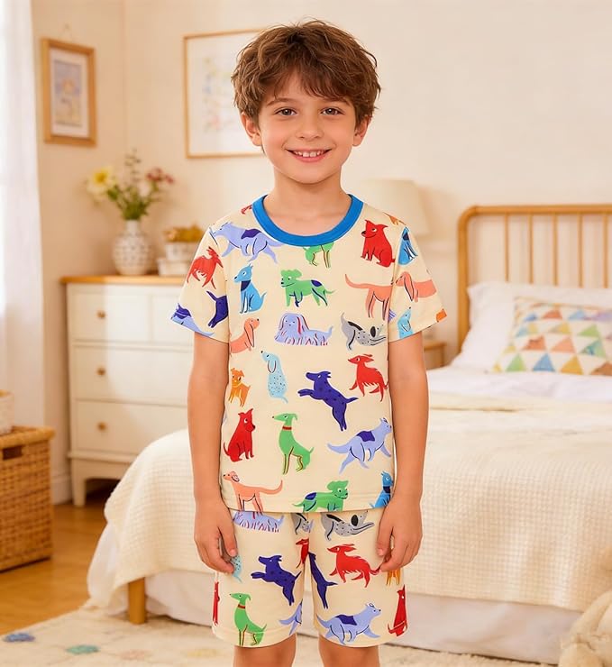 Popshion Boys Pajamas 100% Cotton Toddler Clothes Summer Pjs for Boy Planet Dinosaur Sleepwear Kids Short Sets 2-10 Years