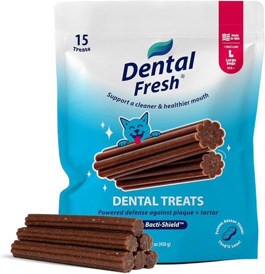 Dental Fresh Dental Treats for Large Dogs, Vet-Formulated Teeth Cleaning Dental Sticks to Help Reduce Plaque and Tartar and Freshen Breath, 15 Count Brush Free Dental Chews for Dogs 50 lbs and Up