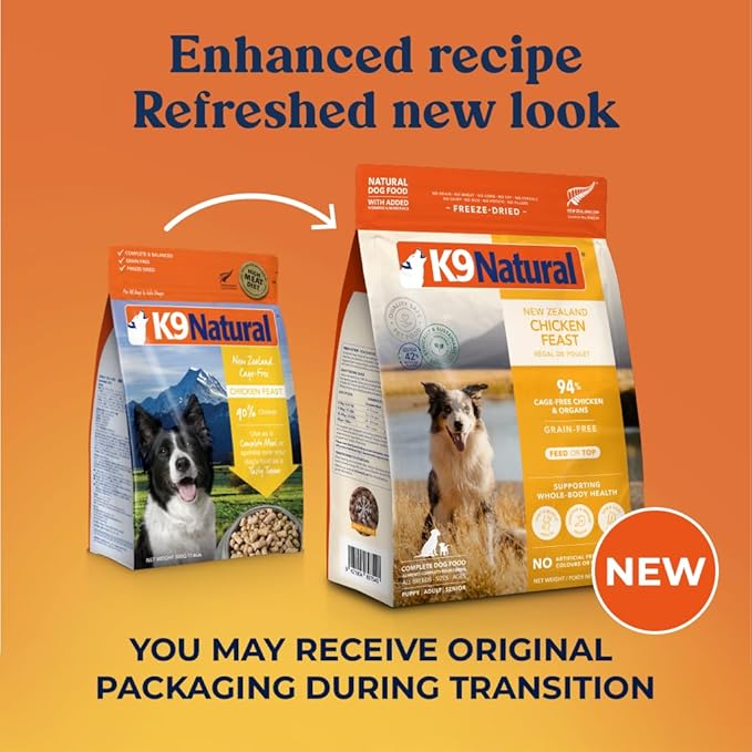 K9 Natural Chicken Freeze Dried Dog Food, High-Meat Natural Complete Meal or Meal Toppers for Dogs, Cage-Free Chicken from New Zealand, Grain-Free, GMO-Free, Complete & Balanced Nutrition, 1.1lb