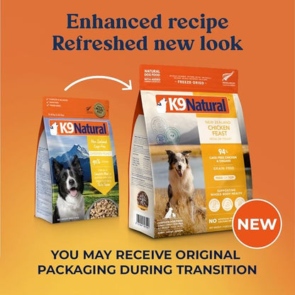 K9 Natural Chicken Freeze Dried Dog Food, High-Meat Natural Complete Meal or Meal Toppers for Dogs, Cage-Free Chicken from New Zealand, Grain-Free, GMO-Free, Complete & Balanced Nutrition, 1.1lb