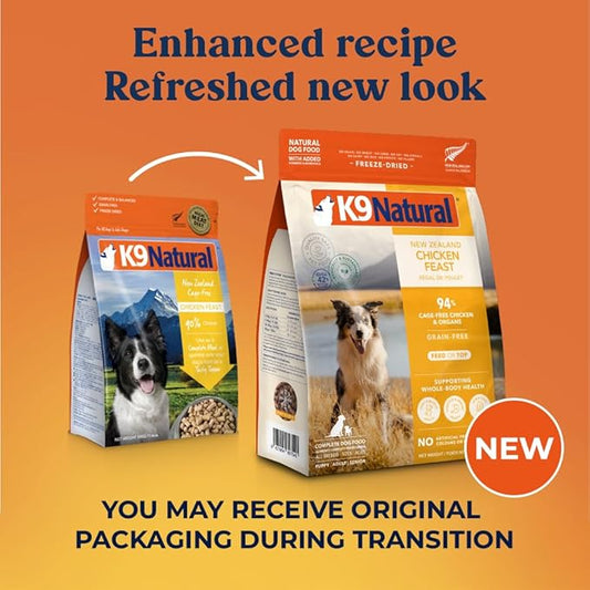 K9 Natural Chicken Freeze Dried Dog Food, High-Meat Natural Complete Meal or Meal Toppers for Dogs, Cage-Free Chicken from New Zealand, Grain-Free, GMO-Free, Complete & Balanced Nutrition, 1.1lb