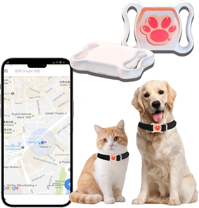 GPS Pet Tracker for Dogs & Cats, No SIM Card or Monthly Fees | 1-Minute Location Updates, Adjustable Collar Included, 1-Year Replaceable Battery, IPX7 Waterproof, iOS & Android