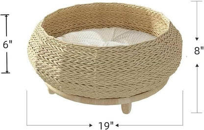 SHENGOCASE Extra Large Handwoven Paper Rope Wicker Rattan Pet Cat Dog Nest Basket Bed, Elevated Couch with Wooden Base, Cozy Cushion for Maine Coon, Indoor