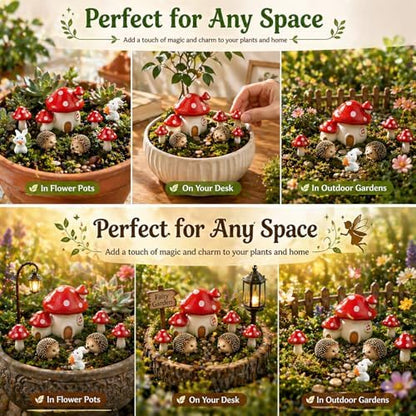 10 PCS Fairy Garden Accessories Miniatures Set, Resin Mushroom House, Woodland Animal Hedgehog & Bunny Figurines for Terrarium, Moss Bonsai, Outdoor Planter Decor