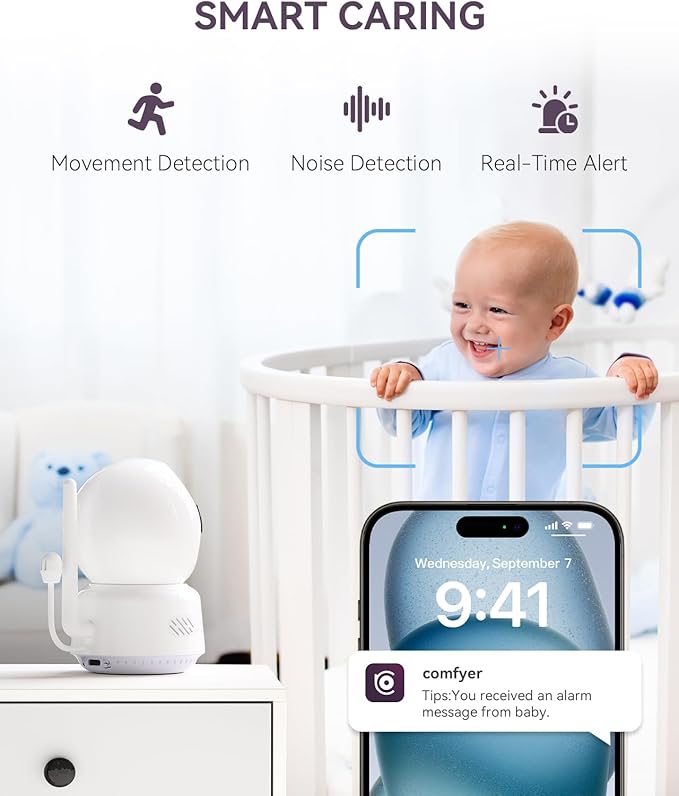 Comfyer Baby/Pet Monitor for Indoor Security, Monitoring with Smart Phone app, 2K QHD Resolution, Auto Tracking/Motion Dection, 2-Way Audio Talk, Night Vision, Pan-Tilt Camera