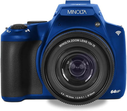 Minolta ProShot 64MP Digital Camera – 10x Optical Zoom, 4K Ultra HD Video, Macro Shooting, Anti-Shake, 3-inch LCD Screen, Face Detection – Includes 32GB SD Card, Battery & Case (Blue)