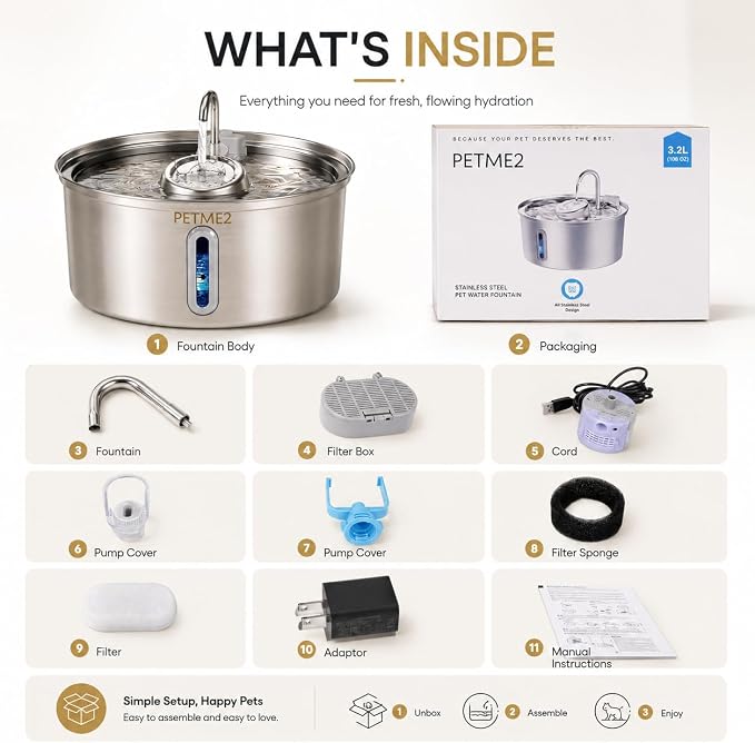 Luxury Smart Pet Fountain 2026 – 3.2L/108oz Stainless Steel Automatic Cat & Dog Water Fountain, Indoor Pet Water Dispenser with LED Light, Quiet Pump, Dual Flow Modes, 4-Layer Filter, Dishwasher Safe