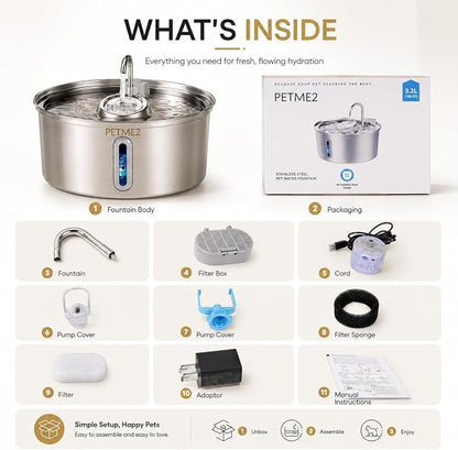 Luxury Smart Pet Fountain 2026 – 3.2L/108oz Stainless Steel Automatic Cat & Dog Water Fountain, Indoor Pet Water Dispenser with LED Light, Quiet Pump, Dual Flow Modes, 4-Layer Filter, Dishwasher Safe