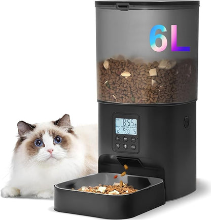ANDOLL HOME Automatic Cat Feeder, 6L Cat Food Dispenser with 10s Voice Recorder, Pet Feeder up to 8 Meals per Day, Timed Feeder with Dry Food Sealed Ring (Black)