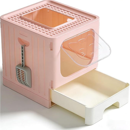 Cat Litter Box with Scoop, Large Foldable Litter Box with Lid & Drawer Tray, Top Entry Cat Litter Box, Odor Control, Easy to Clean for Small to Medium Cats (Pink, 19" L x 15.3" W x 15" H)