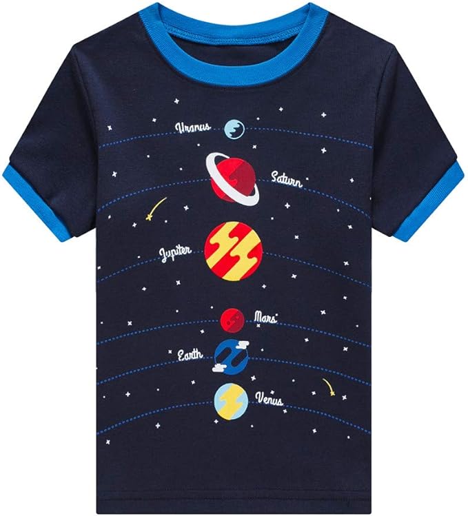 Popshion Boys Pajamas 100% Cotton Toddler Clothes Summer Pjs for Boy Planet Dinosaur Sleepwear Kids Short Sets 2-10 Years