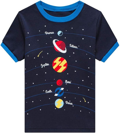 Popshion Boys Pajamas 100% Cotton Toddler Clothes Summer Pjs for Boy Planet Dinosaur Sleepwear Kids Short Sets 2-10 Years