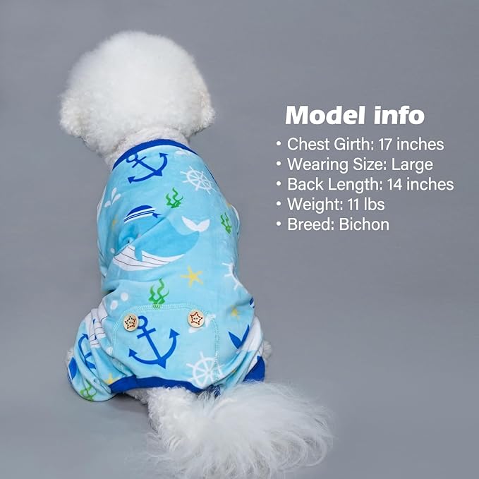 KYEESE Dog Pajamas Stretchy Pet Jammies Coat Comfy Pet Onesie Costume Velvet Dog Pajamas Small Sized Dogs Soft Dogs Clothes Pjs with Whale Pattern, Large
