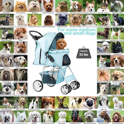 4-Wheel Pet Stroller for Small Dogs and Cats, Up to 33 lb, Blue