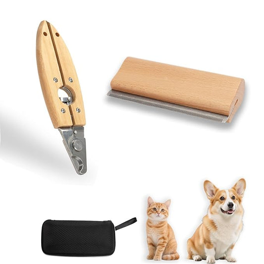 Dog Comb for Shedding Kit 2-in-1 Wooden Grooming Shedding Brush for Dogs & Cats Pet Hair Removal Tool with Ergonomic Gripping Pet Cleaning Comb Supplies 5 Inch (Includes storage box)