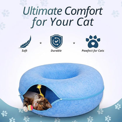 Peekaboo Cat Tunnel Bed with Hanging Ball Toy – Large Cat Tunnels for Indoor Cats up to 30lbs – Round Cat cave Bed with Scratch-Resistant, Easy to Wash & Cozy Design (Blue, Large)