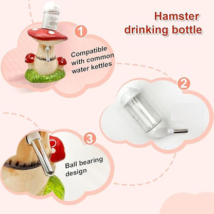 Mushroom Ceramic Hamster Hideout, Water Bottle with Stand, Food Bowl, Hamster Accessories (red)