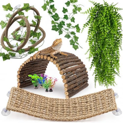 HERCOCCI Bearded Dragon Tank Accessories, 9Pcs Reptile Plants Vines Hammock