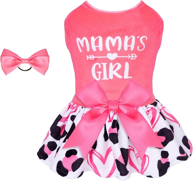 CuteBone Dog Dresses Velvet Mama's Girl Small Dogs Clothes Onesie Pet Apparel Girl Puppy Skirt with Bow Hair Rope CVA40S-D