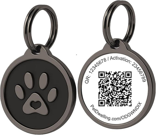 Pet Dwelling QR Code Pet ID Tag – Smart Dog & Cat ID Tags for Pet Safety, Free Personalized Online Profile, Instant Scan Alerts, AI Insights (Lux Black Paw)
