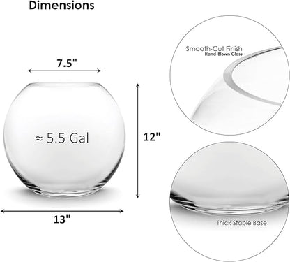 CYS EXCEL Large Glass Bubble Bowl (H-12" W-13", Approx. 5.5 Gal.) Round Bowl Terrarium Globe Flower Vase Centerpiece for Weddings Events Arrangements