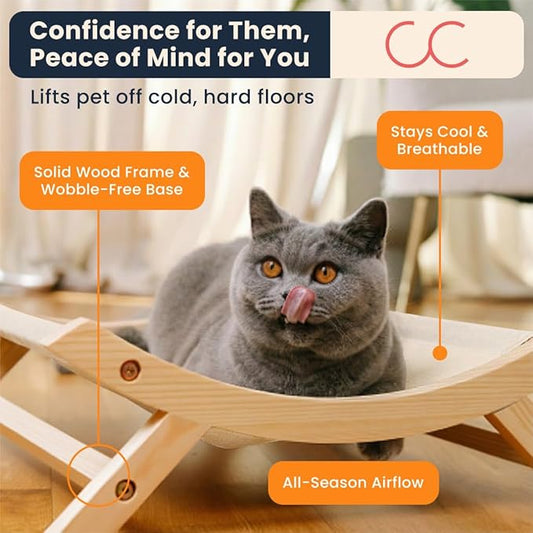 CallieCo Wooden Cat Hammock Bed, Modern Elevated Pet Lounger with Premium Wooden Frame & Breathable Fabric, Stylish Indoor & Outdoor Cat Bed for Cats & Small Dogs - Ivory