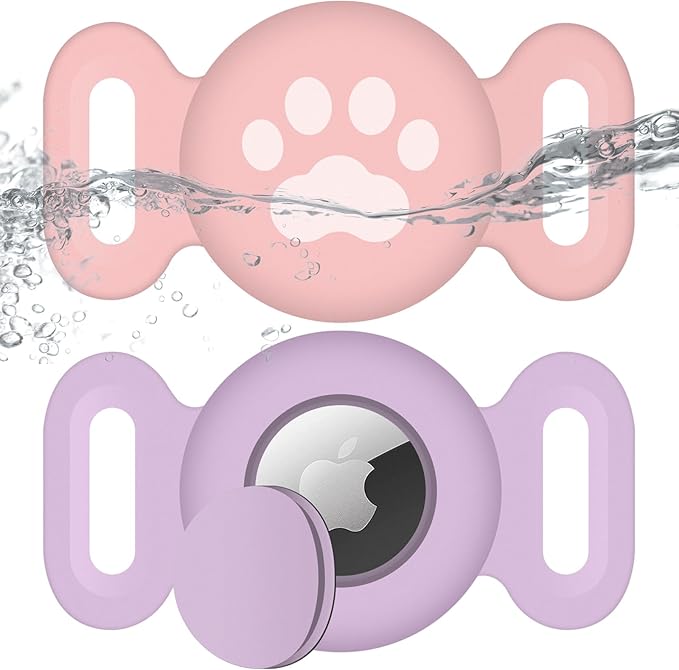 Waterproof Collar Holder Compatible with Airtag (2 Pack), Protective Anti-Lost Case for GPS Tracker, Silicone Collar Holder for Pets (Pink/Purple)