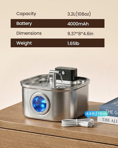 Cordless Cat Water Fountain Stainless Steel,3.2L/108oz Rechargeable | Wireless Battery Operation, Motion Sensor, Automatic Water Flow, Quiet Pump, Includes 4 Replacement Filters