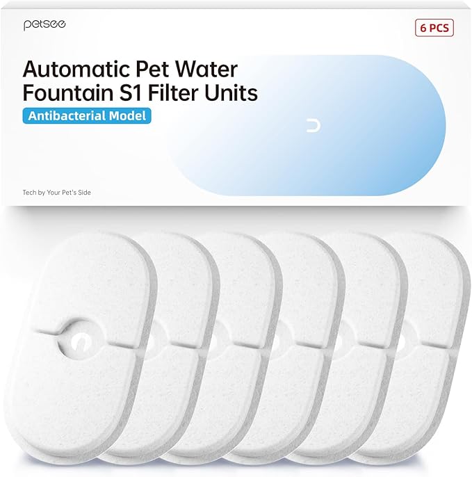 6-Pack Upgraded Replacement Filters for PETSEE S1 Series Pet Water Fountain – Triple Filtration System with Inhibit Protection, Removes Impurities & Hair, Long-Lasting Clean Water