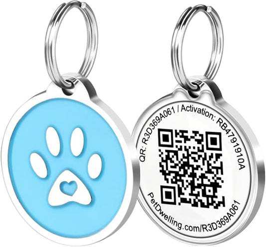 Pet Dwelling QR Code Pet ID Tag – Smart Dog & Cat ID Tags for Pet Safety, Free Personalized Online Profile, Instant Scan Alerts, AI Insights (Summer Blue Paw)