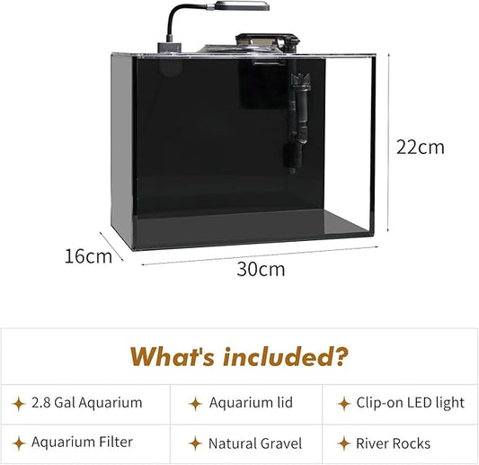 Rise Torrent Glass Fish Tank, 2.8 Gallon Betta Fish Tank Aquarium Starter Kit with Filter and Light, Small Desktop Aquarium Kit for Betta, Goldfish, Small Fish or shrimg