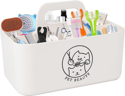 Minimalist White Dog Cat Grooming Supplies Organizer, Portable Caddy with 5 Compartments