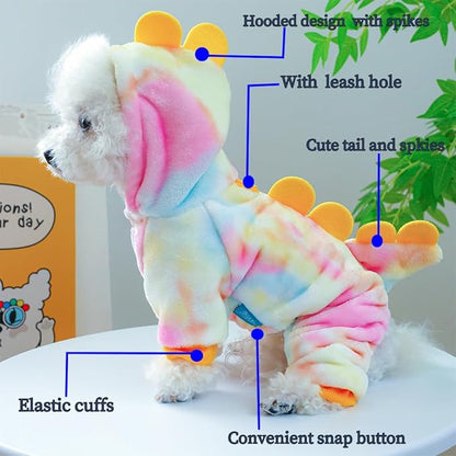 Dinosaur Dog Clothes for Small Dogs - Fleece Winter Puppy Hoodies with Leash Ring, Cat Coat for Cold Weather, Funny Dinosaur Costume for Christmas, Halloween (Yellow, Small)