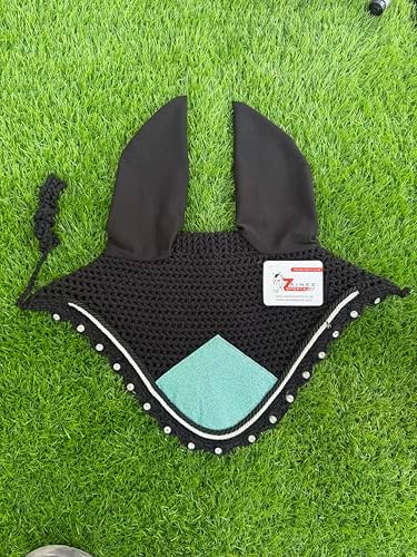 Horse Ear Bonnet for Horses – Handmade Crochet Fly Veil with Crystal Stones, Glitter Patch, Breathable Stretch Ears, Horse Fly Bonnet Ear Bonnet for Riding